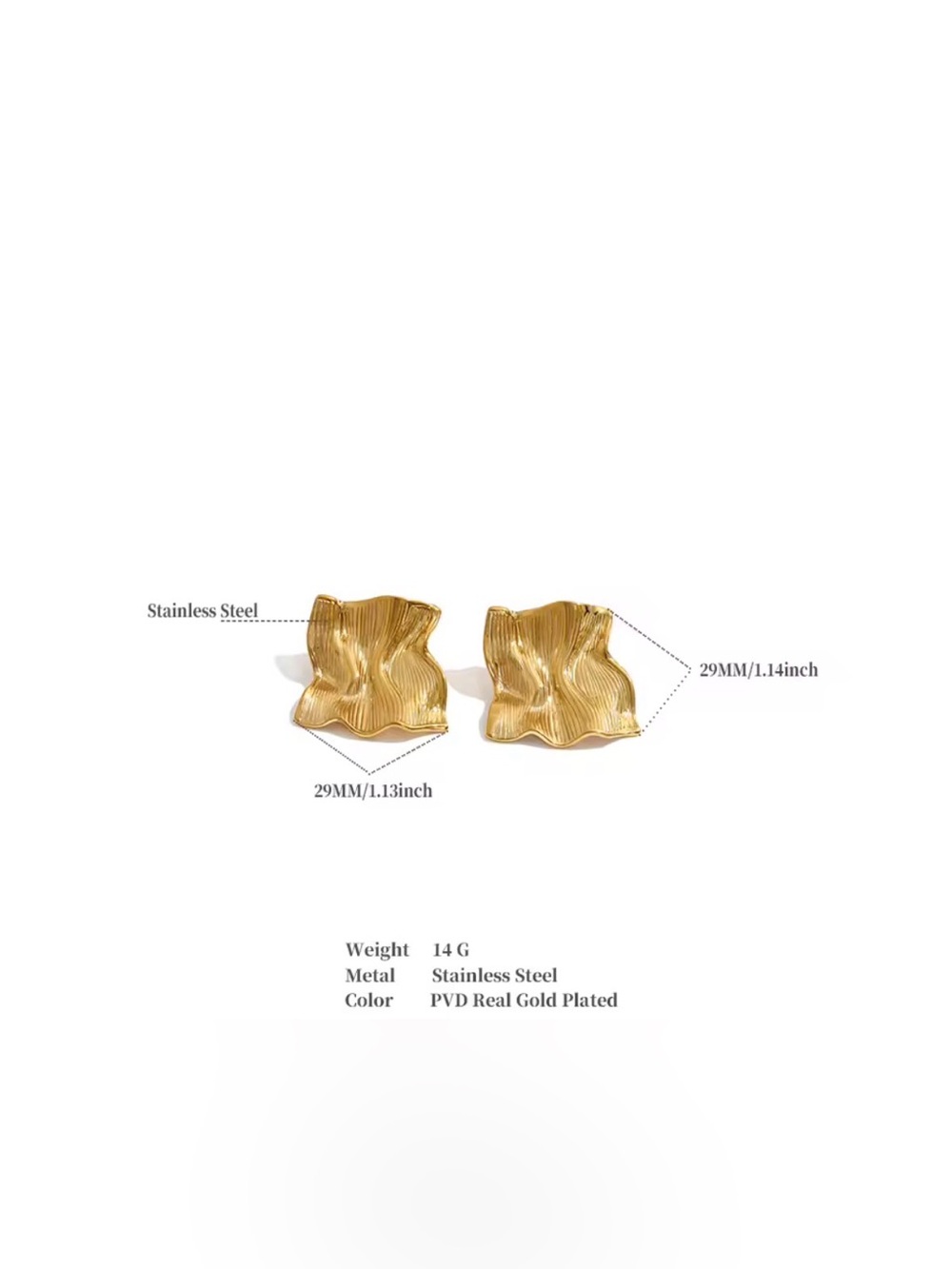 Gold Textured Wave Stud Earrings - Stainless Steel